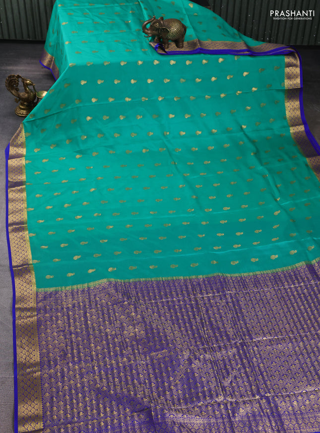 Pure mysore silk saree teal green and royal blue with allover zari woven buttas and zari woven border