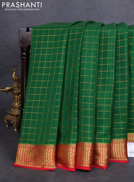Pure mysore silk saree bottle green and red with allover zari woven checked pattern and zari woven border