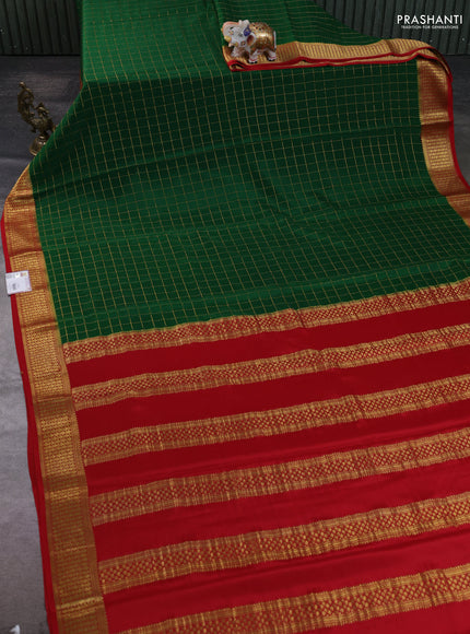 Pure mysore silk saree bottle green and red with allover zari woven checked pattern and zari woven border