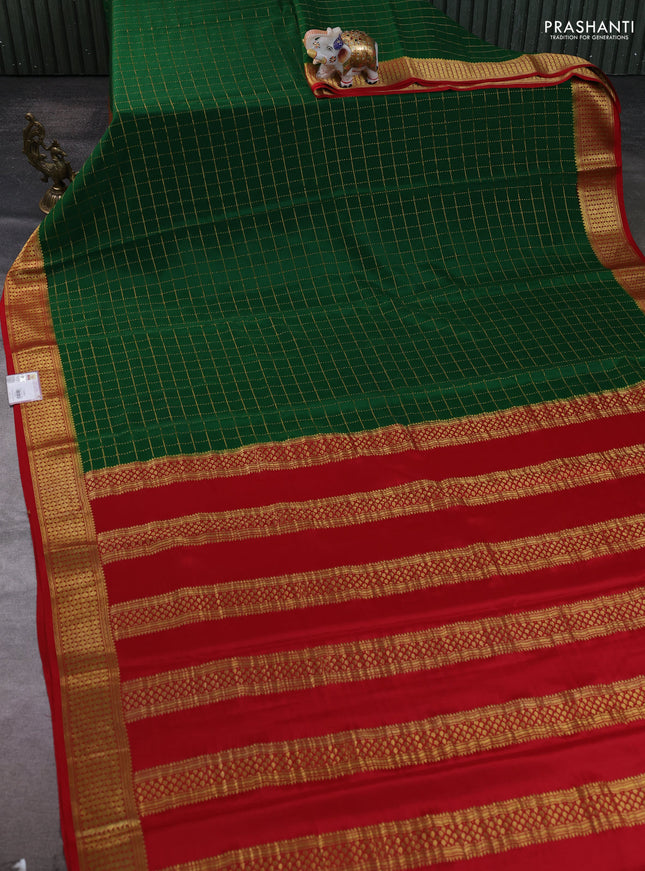 Pure mysore silk saree bottle green and red with allover zari woven checked pattern and zari woven border