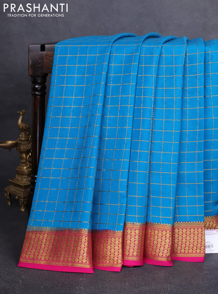 Pure mysore silk saree cs blue and pink with allover zari woven checked pattern and zari woven border