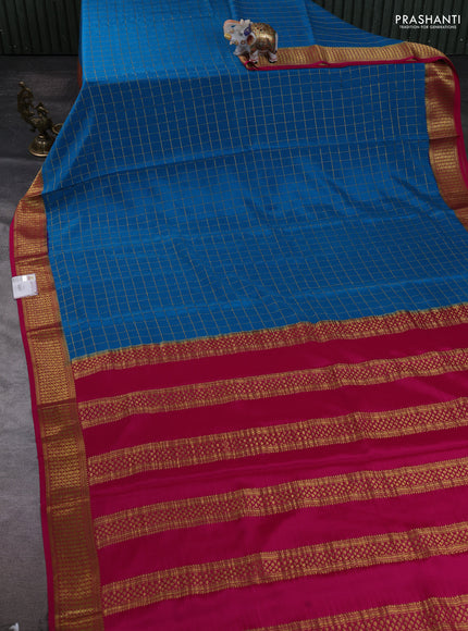Pure mysore silk saree cs blue and pink with allover zari woven checked pattern and zari woven border