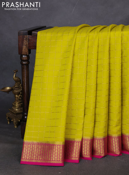 Pure mysore silk saree lime yellow and pink with allover zari woven checked pattern and zari woven border