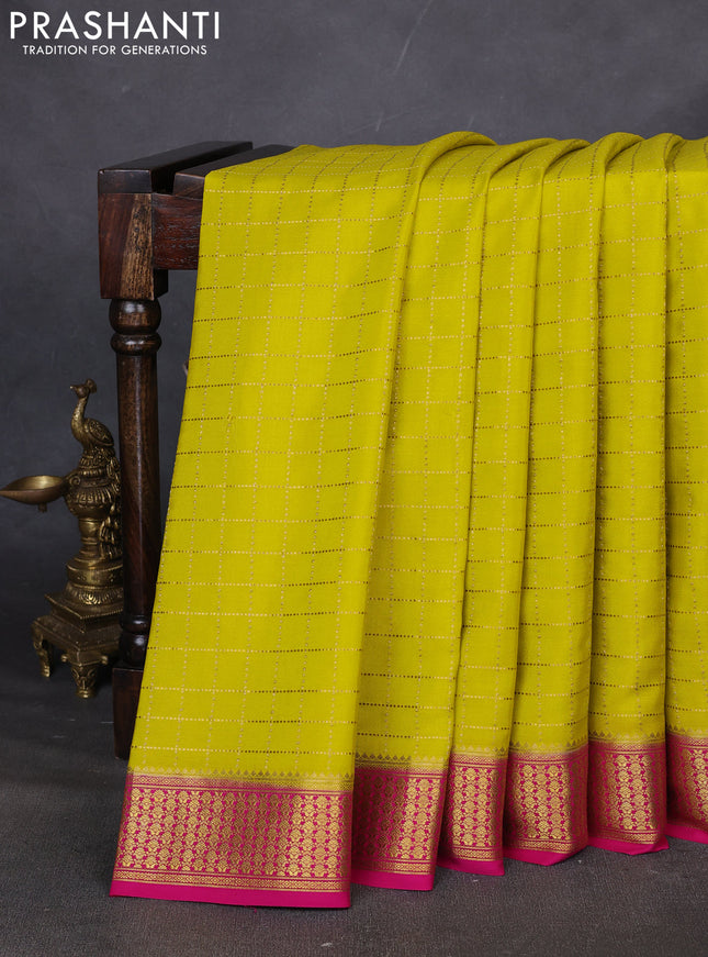 Pure mysore silk saree lime yellow and pink with allover zari woven checked pattern and zari woven border