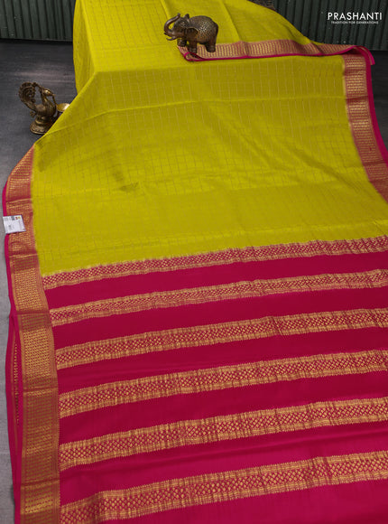 Pure mysore silk saree lime yellow and pink with allover zari woven checked pattern and zari woven border