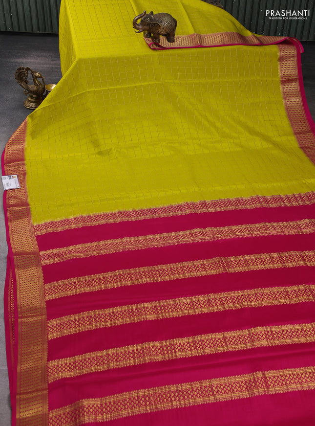 Pure mysore silk saree lime yellow and pink with allover zari woven checked pattern and zari woven border