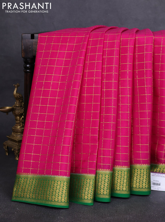Pure mysore silk saree pink and green with allover zari woven checked pattern and zari woven border