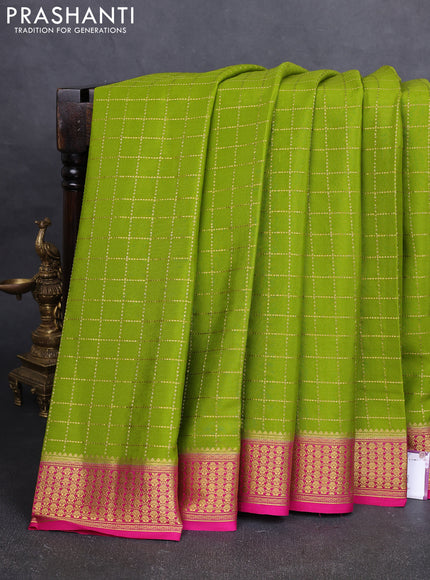 Pure mysore silk saree mehendi green and pink with allover zari woven checked pattern and zari woven border