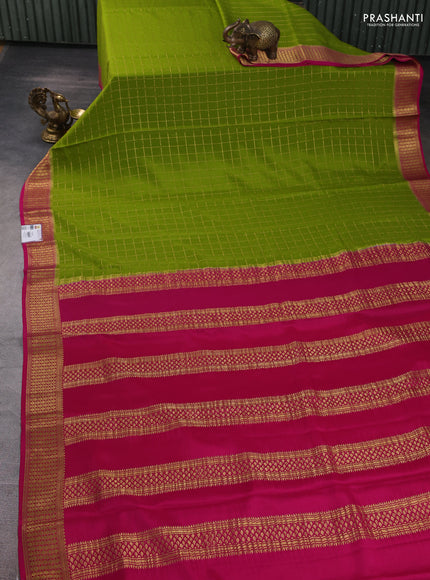 Pure mysore silk saree mehendi green and pink with allover zari woven checked pattern and zari woven border