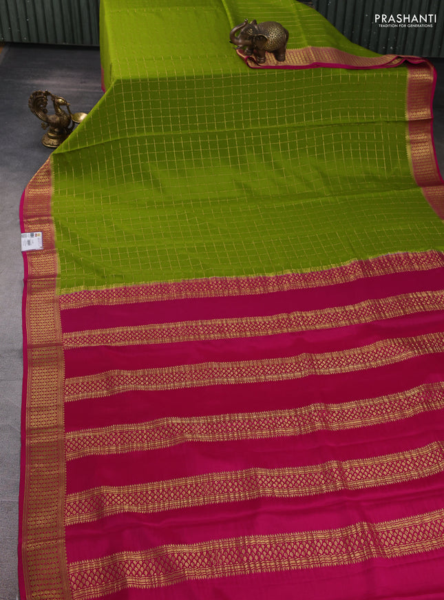 Pure mysore silk saree mehendi green and pink with allover zari woven checked pattern and zari woven border