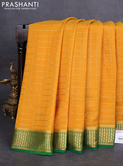 Pure mysore silk saree mustard yellow and green with allover zari woven checked pattern and zari woven border