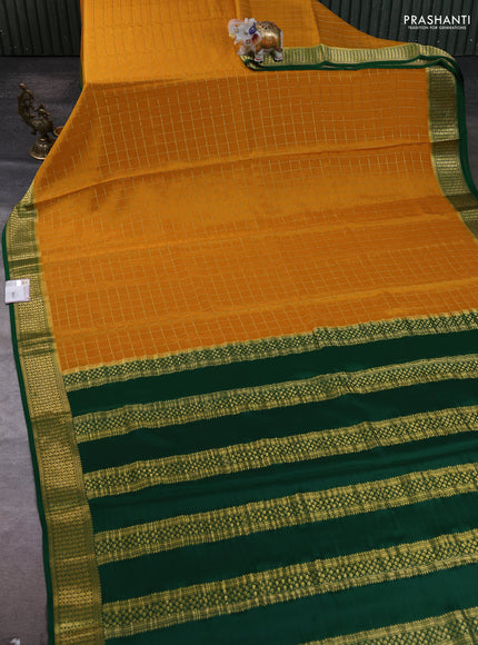 Pure mysore silk saree mustard yellow and green with allover zari woven checked pattern and zari woven border