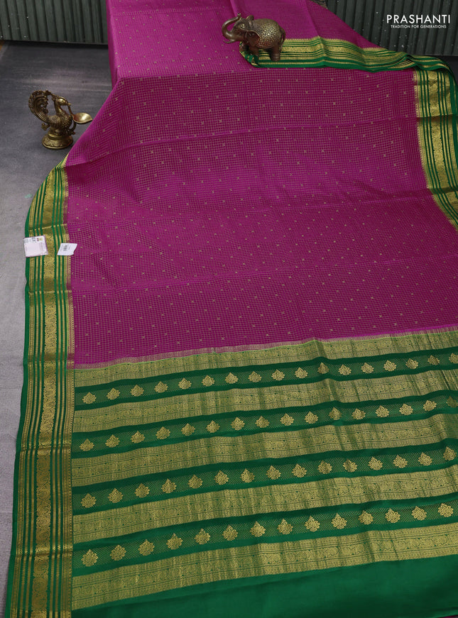 Pure mysore silk saree pink and green with allover small zari checks & buttas and zari woven border