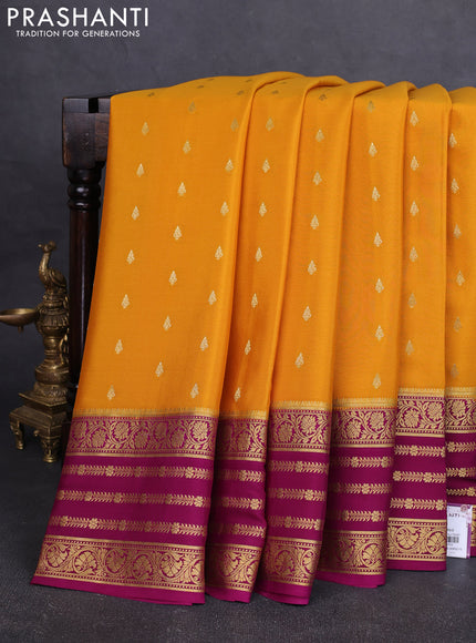 Pure mysore silk saree mango yellow and purple with zari woven buttas and long zari woven border