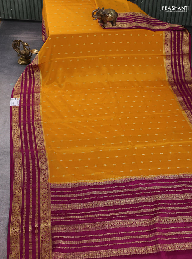 Pure mysore silk saree mango yellow and purple with zari woven buttas and long zari woven border