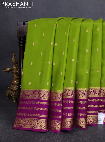 Pure mysore silk saree mehendi green and purple with zari woven buttas and long zari woven border