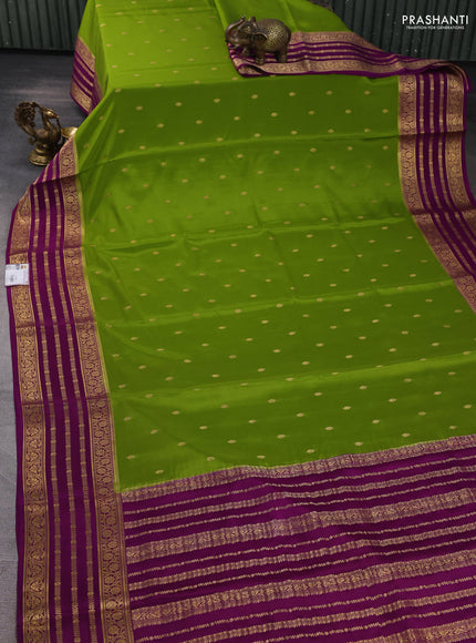 Pure mysore silk saree mehendi green and purple with zari woven buttas and long zari woven border