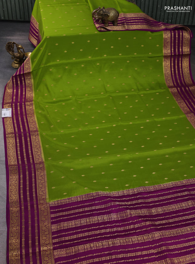 Pure mysore silk saree mehendi green and purple with zari woven buttas and long zari woven border