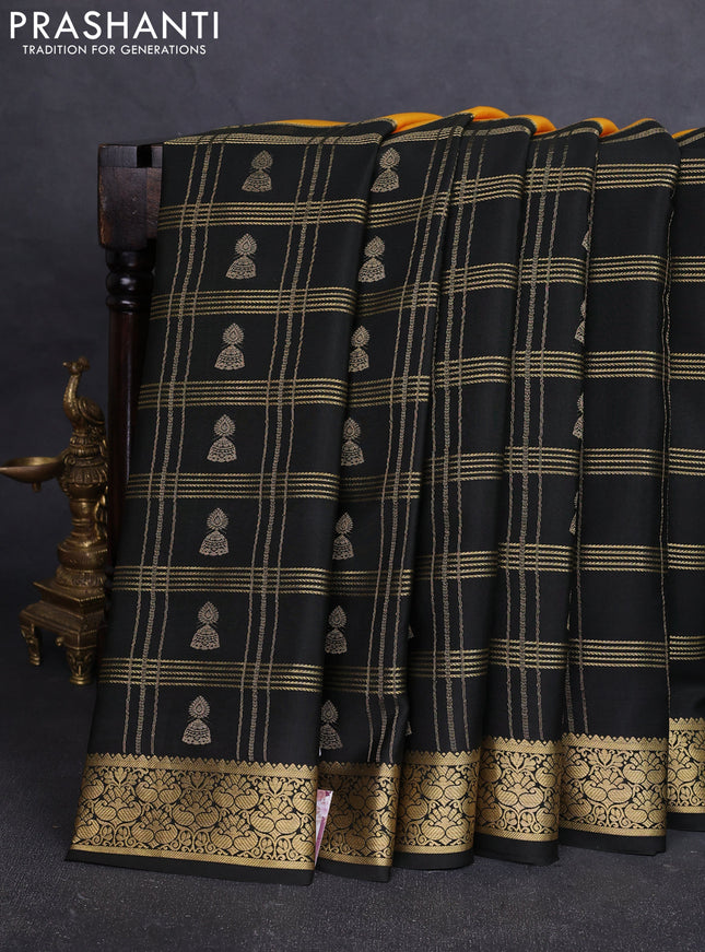 Pure mysore silk saree mango yellow and black with half & half style and long zari woven border