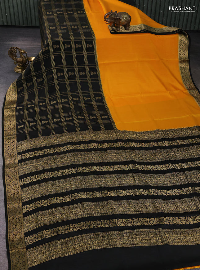 Pure mysore silk saree mango yellow and black with half & half style and long zari woven border