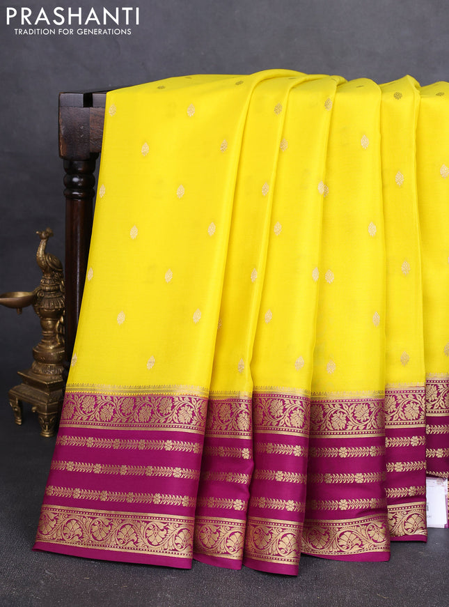 Pure mysore silk saree yellow and purple with zari woven buttas and long zari woven border