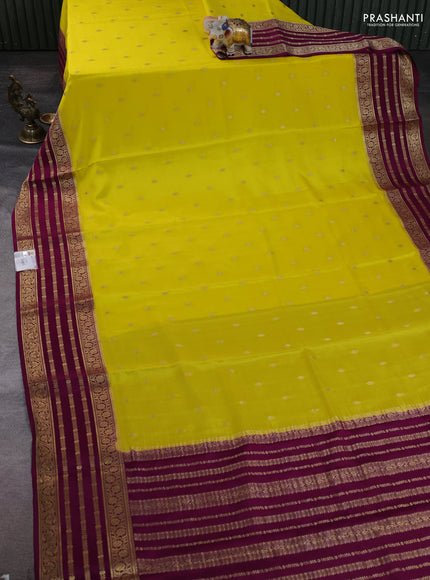 Pure mysore silk saree yellow and purple with zari woven buttas and long zari woven border