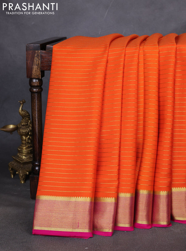 Pure mysore silk saree orange and pink with allover zari stripe pattern and zari woven border