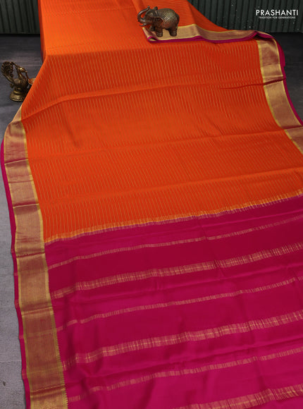 Pure mysore silk saree orange and pink with allover zari stripe pattern and zari woven border