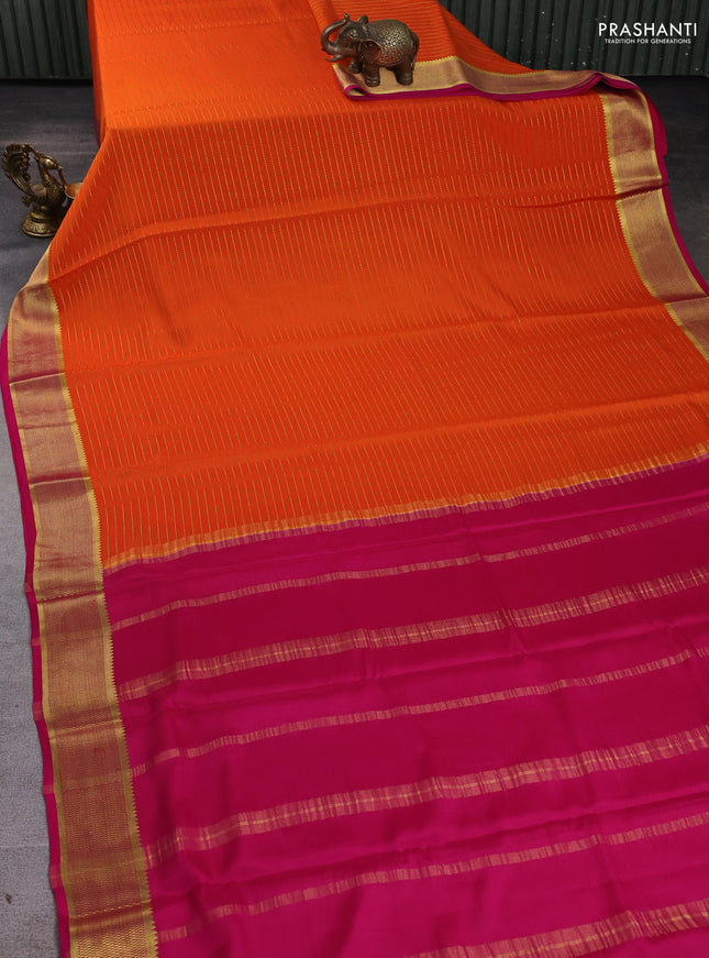 Pure mysore silk saree orange and pink with allover zari stripe pattern and zari woven border