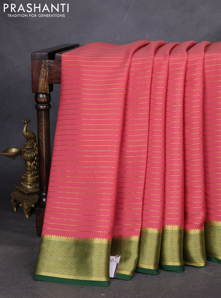 Pure mysore silk saree dark peach and bottle green with allover zari stripe pattern and zari woven border