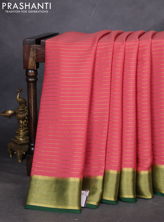 Pure mysore silk saree dark peach and bottle green with allover zari stripe pattern and zari woven border