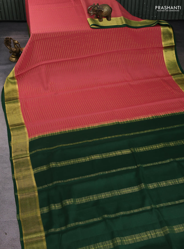 Pure mysore silk saree dark peach and bottle green with allover zari stripe pattern and zari woven border