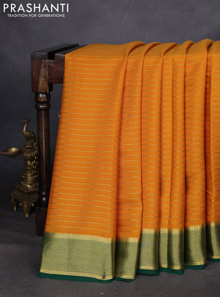 Pure mysore silk saree mustard yellow and green with allover zari stripe pattern and zari woven border