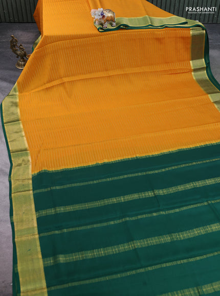 Pure mysore silk saree mustard yellow and green with allover zari stripe pattern and zari woven border