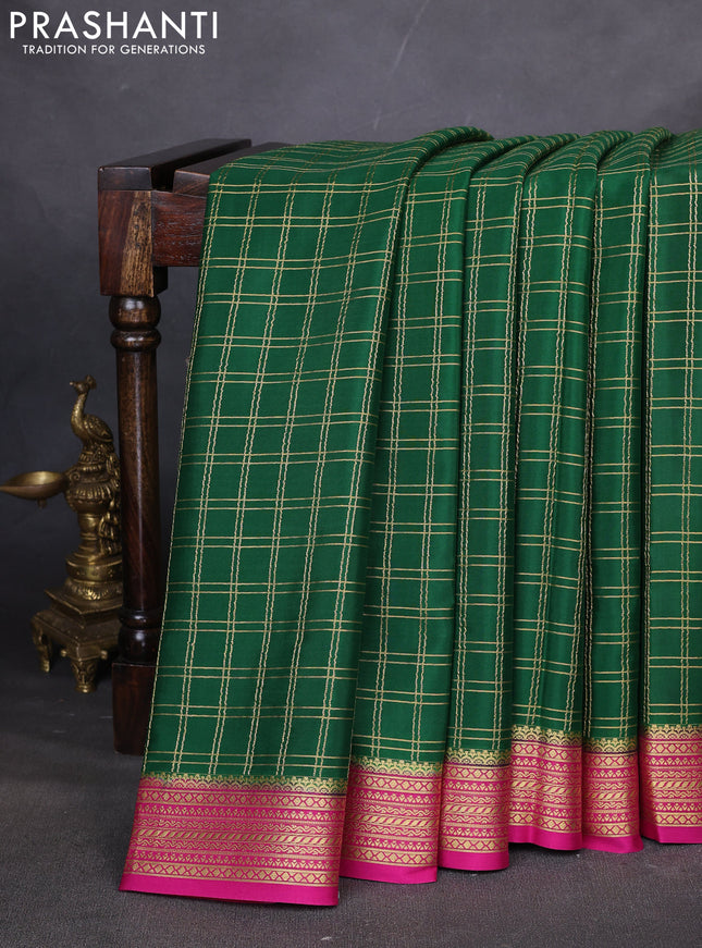 Pure mysore silk saree green and pink with allover zari woven checked pattern and zari woven border
