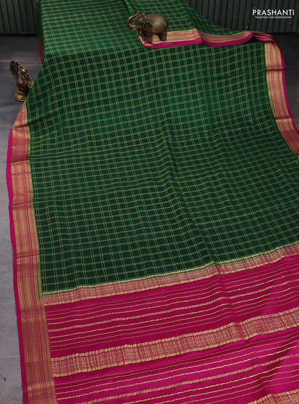 Pure mysore silk saree green and pink with allover zari woven checked pattern and zari woven border