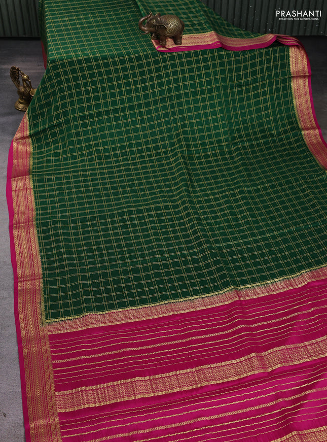 Pure mysore silk saree green and pink with allover zari woven checked pattern and zari woven border