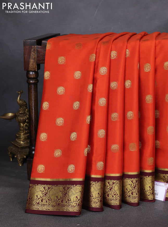 Pure mysore silk saree orange and coffee brown with zari woven buttas and elephant zari woven border