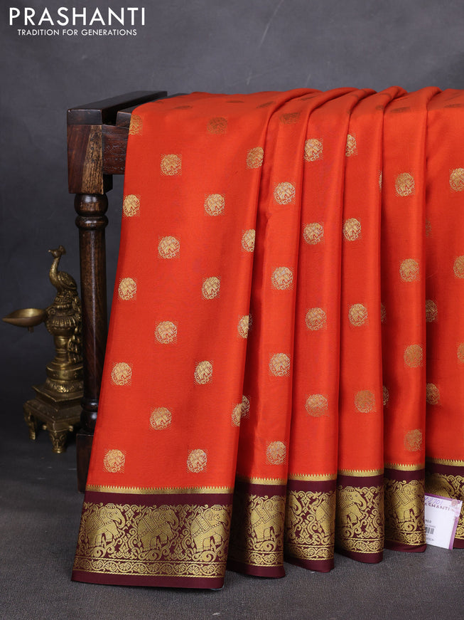 Pure mysore silk saree orange and coffee brown with zari woven buttas and elephant zari woven border