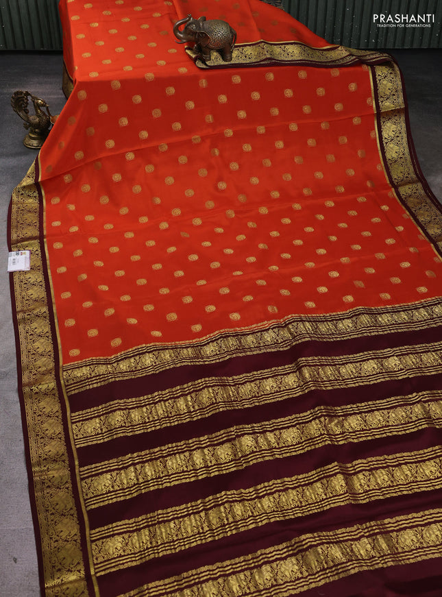 Pure mysore silk saree orange and coffee brown with zari woven buttas and elephant zari woven border