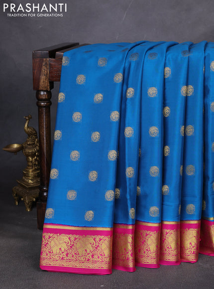 Pure mysore silk saree cs blue and pink with zari woven buttas and elephant zari woven border
