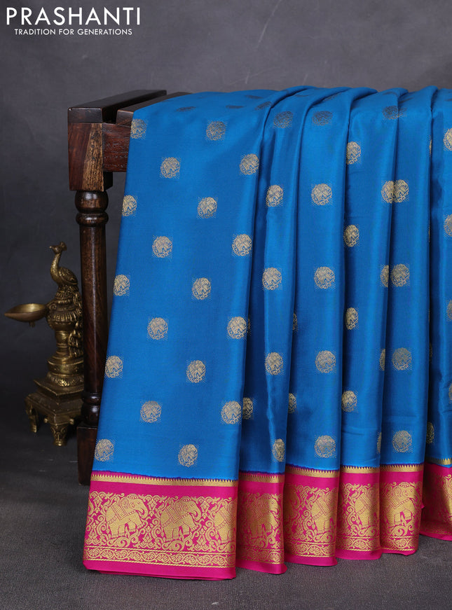 Pure mysore silk saree cs blue and pink with zari woven buttas and elephant zari woven border