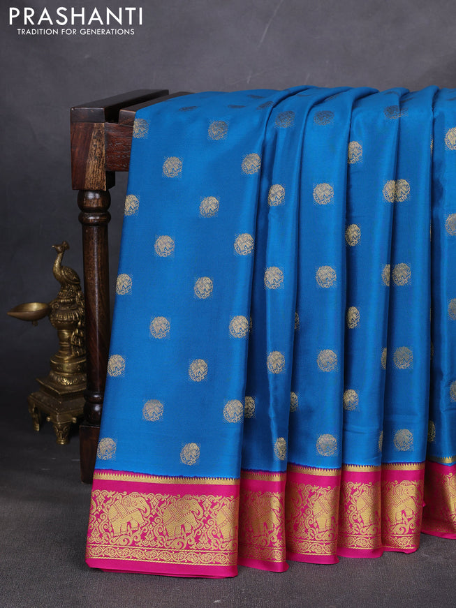 Pure mysore silk saree cs blue and pink with zari woven buttas and elephant zari woven border
