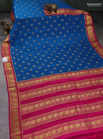 Pure mysore silk saree cs blue and pink with zari woven buttas and elephant zari woven border