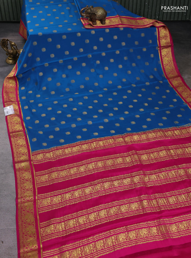 Pure mysore silk saree cs blue and pink with zari woven buttas and elephant zari woven border