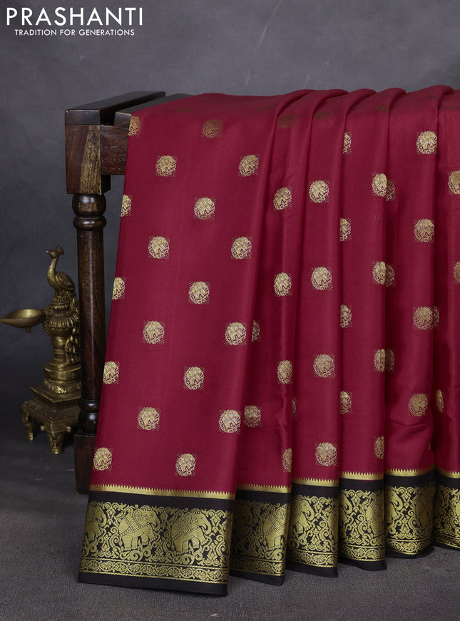 Pure mysore silk saree red and coffee brown with zari woven buttas and elephant zari woven border