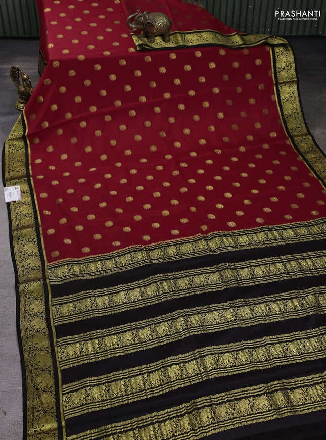 Pure mysore silk saree red and coffee brown with zari woven buttas and elephant zari woven border