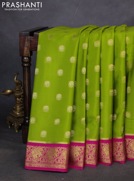 Pure mysore silk saree light green and pink with zari woven buttas and elephant zari woven border