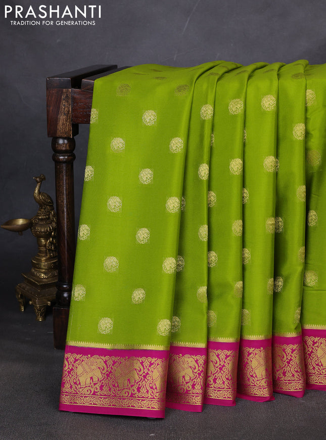 Pure mysore silk saree light green and pink with zari woven buttas and elephant zari woven border