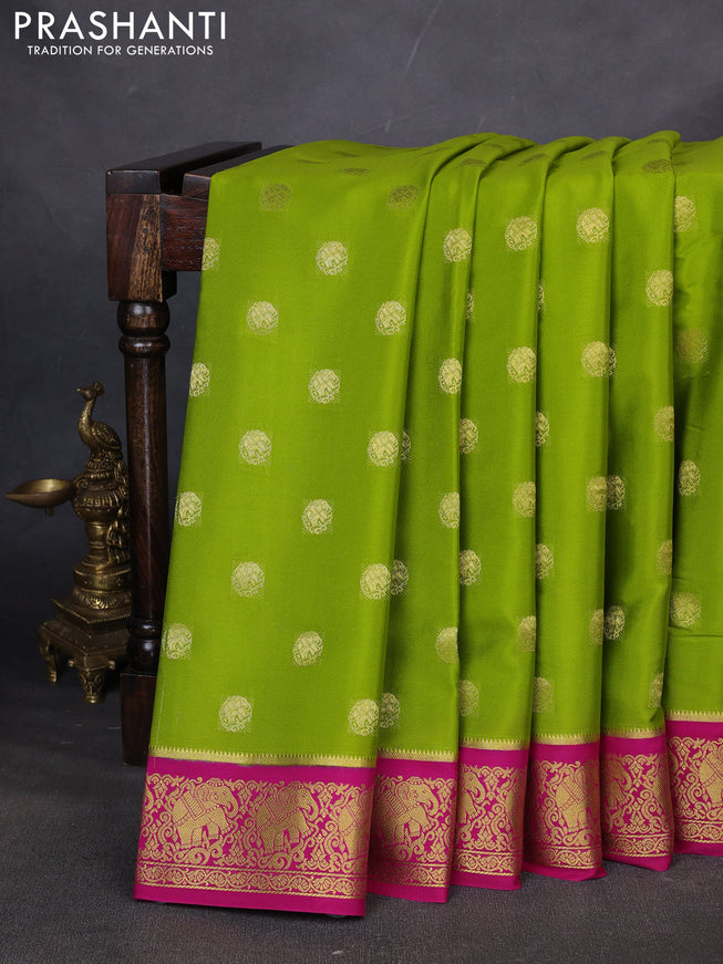 Pure mysore silk saree light green and pink with zari woven buttas and elephant zari woven border